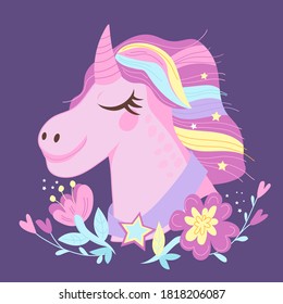 Poster or card with unicorn fancy image and flowers, flat vector illustration. Cartoon unicorn with rainbow mane in pastel tints  on violet background. 