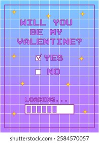 Poster or card for Valentine's Day in the style of a game with a choice of yes or no answers. Retro computer aesthetics 90s, 00s