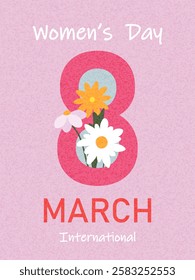 Poster or card for Women's Day on March 8 with wild flowers. Vector illustration. 