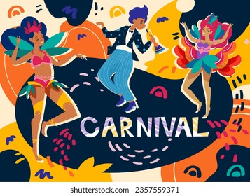 Poster with carnival brazil. Colorful banner with dancers in traditional masquerade costumes and musician. Flyer with latino american holiday and funny characters. Cartoon flat vector illustration