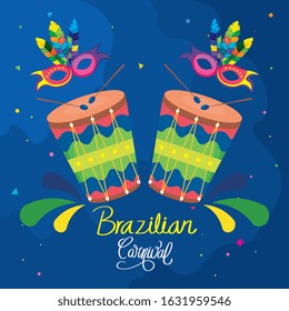 poster of carnival brazil with drums and decoration vector illustration design