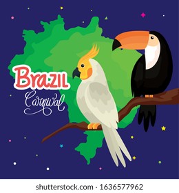 poster of carnival brazil with parrot and toucan vector illustration design