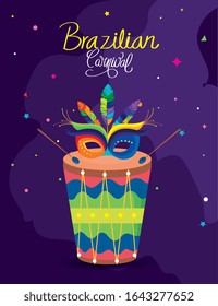 poster of carnival brazilian with drum and mask carnival vector illustration design