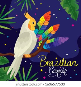 poster of carnival brazilian with parrot and leafs vector illustration design
