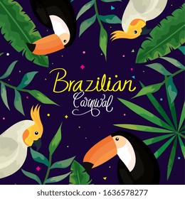 poster of carnival brazilian with parrots and toucans vector illustration design