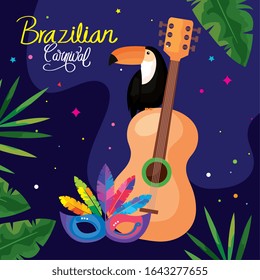 poster of carnival brazilian with toucan and icons traditional vector illustration design