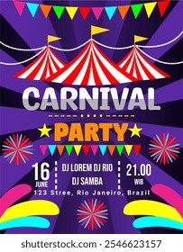 a poster for the carnival festival with a circus tent in the background