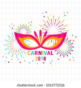 Poster Carnival with masquerade masks isolated on white background with rhombuses. Fireworks, stars. Vector illustration.