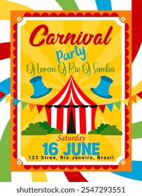 a poster for a carnival party with a circus tent in the background