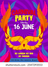 poster for a carnival party with colorful feathers and a mask