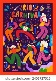 Poster carnival party. Design for Brazil Carnival. Decorative illustration with dancing people. Music festival illustration