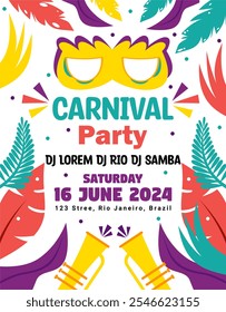 a poster for a carnival party with a mask