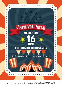 a poster for a carnival party with a red ribbon on it