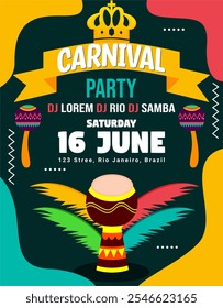 a poster for a carnival party with a yellow and black background with a colorful feathered band