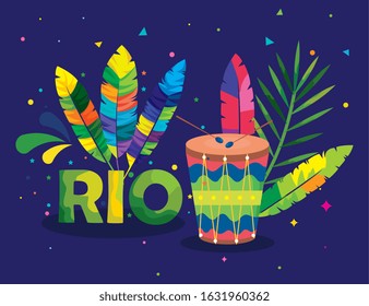 poster of carnival rio with drum and decoration vector illustration design