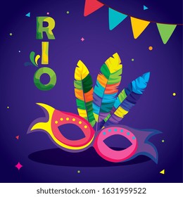 poster of carnival rio with mask and decoration vector illustration design