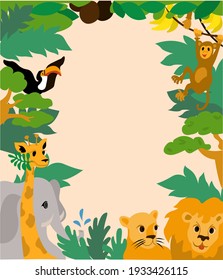 Poster With Cartoon Animals. Trees And Leaves On Background. Monkey, Giraffe, Lion, Lioness, Elephant, Toucan Bird, Bananas, Coconuts. Jungle. Funny Wild Animal Images For Kids. Vector. Hand Drawn