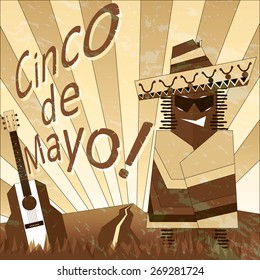 Poster with cartoon cactus in a poncho. Cinco de Mayo. Sepia.