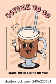 Poster with a cartoon character in retro style. Image of a cup of coffee, latte. Flat vector illustration.