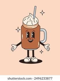 Poster with a cartoon character in retro style. Image of a cup of coffee, latte. Flat vector illustration.