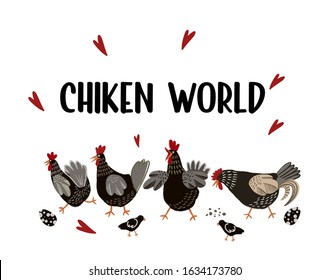 Poster with cartoon chicken and eggs isolated. Vector.