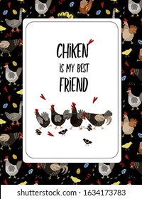 Poster with cartoon chicken and eggs isolated. Vector.