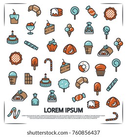 Poster with cartoon color sweet desserts bakery candies. Vector illustration