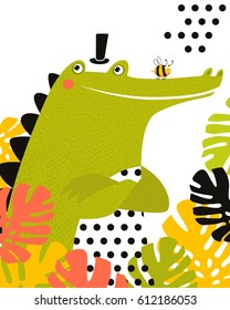 Poster. A cartoon crocodile. Tropics. An African animal.