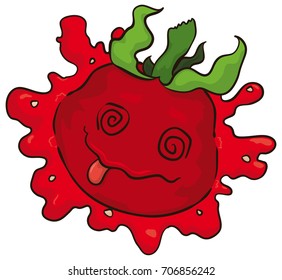 Poster with a cartoon dizzy tomato character smashed over white background with the tongue out of its mouth and spiral eyes.