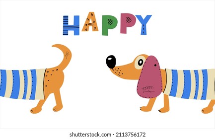 Poster with cartoon dog hand drawn. Vector card or invitation for children's party