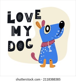 Poster with cartoon dog hand drawn. Vector card or invitation for children's party