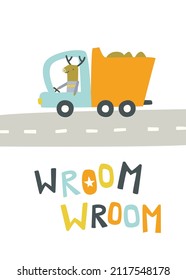 Poster with cartoon dump truck and animal driver. Doodle tipper with moose riding on the road.