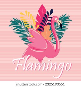 A poster  with cartoon Flamingo and palm leaves on light pink background, vector illustration