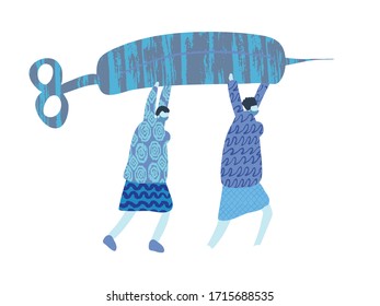 Poster with Cartoon Men and Positive Phrase to Stop COVID 19. Get Well Card. Medical Illustration for Coronavirus Recovery. Greeting Vector Postcard with Positive Doctors. Retro Health Care Banner.