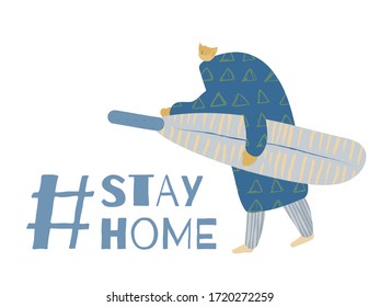 Poster with Cartoon Men and Positive Phrase to Stop COVID 19. Get Well Card. Medical Illustration for Coronavirus Recovery. Greeting Vector Postcard with Positive Doctors. Retro Health Care Banner.