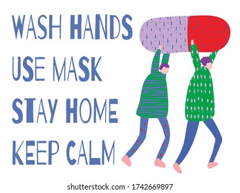 Poster with Cartoon Men and Positive Phrase to Stop COVID 19. Get Well Card. Medical Illustration for Coronavirus Recovery. Greeting Vector Postcard with Positive Doctors. Retro Health Care Banner.