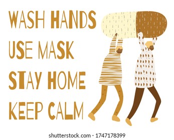 Poster with Cartoon Men and Positive Phrase to Stop COVID 19. Get Well Card. Medical Illustration for Coronavirus Recovery. Greeting Vector Postcard with Positive Doctors. Retro Health Care Banner.