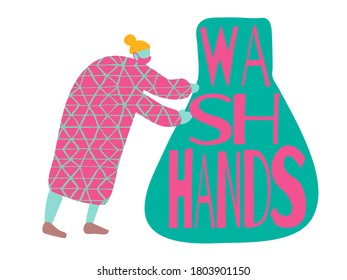 Poster with Cartoon Men and Positive Phrase to Stop COVID 19. Get Well Card. Medical Illustration for Coronavirus Recovery. Greeting Vector Postcard with Positive Doctors. Retro Health Care Banner.