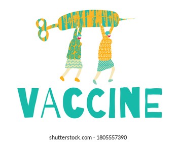 Poster with Cartoon Men and Positive Phrase to Stop COVID 19. Get Well Card. Medical Illustration for Coronavirus Recovery. Greeting Vector Postcard with Positive Doctors. Retro Health Care Banner.