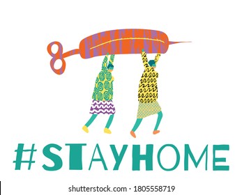 Poster with Cartoon Men and Positive Phrase to Stop COVID 19. Get Well Card. Medical Illustration for Coronavirus Recovery. Greeting Vector Postcard with Positive Doctors. Retro Health Care Banner.