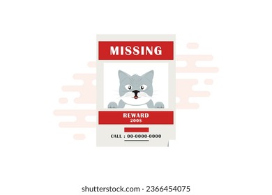 Poster cartoon missing cat with reward money on isolated background svg