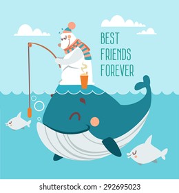 Poster with cartoon polar bear fishing and sitting on big whale. Poster about friendship. Vector illustration