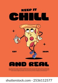 poster cartoon retro groovy pizza cheerful character with holding cold drink