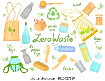 Poster in cartoon style with daily goods, cosmetic or kitchen elements at white backgroound. Zero waste, using eco wooden materials, eco bags, no plastic bags, glass jars, bamboo brushes, eco concept