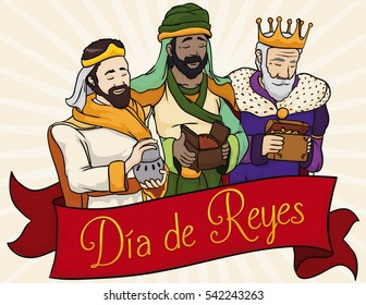Poster in cartoon style with Three Wise Men holding gifts for Spanish celebration of "Dia de Reyes" or Epiphany decorated with a red ribbon with greeting message.