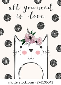 Poster with cat and lettering. Vector illustration.