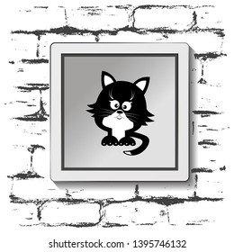 Poster with a cat. Photo frame on the background of a stone wall. Funny cute cartoon black cat. Vector illustration