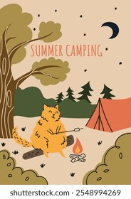 Póster con gato para el verano que acampa, que viaja, viaje, senderismo, viaje, picnic, gato de la Ilustración vectorial A4 está asando malvaviscos