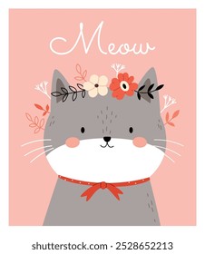 Poster of a cat in a wreath in the French style. Cute children's illustration.