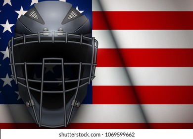 Poster of Catcher Mask Helmet on American Flag Backgound. Baseball and Softball Games. Sport equipment and gear. Vector Illustration